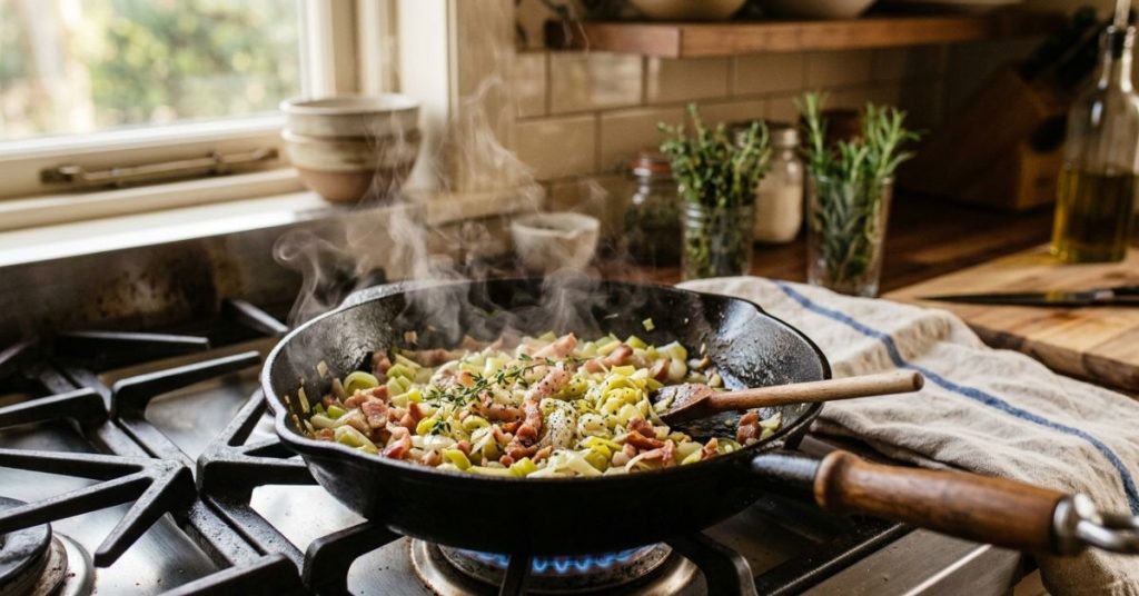 Je la prépare en 10 minutes ma poêlée poireaux lardons
